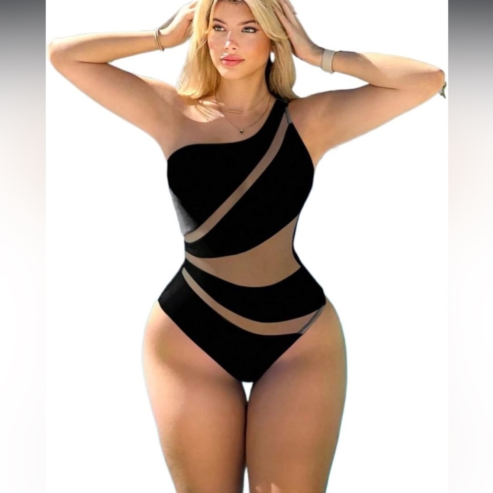 🚘Elegant Black One-Shoulder Swimsuit with mesh cut outs